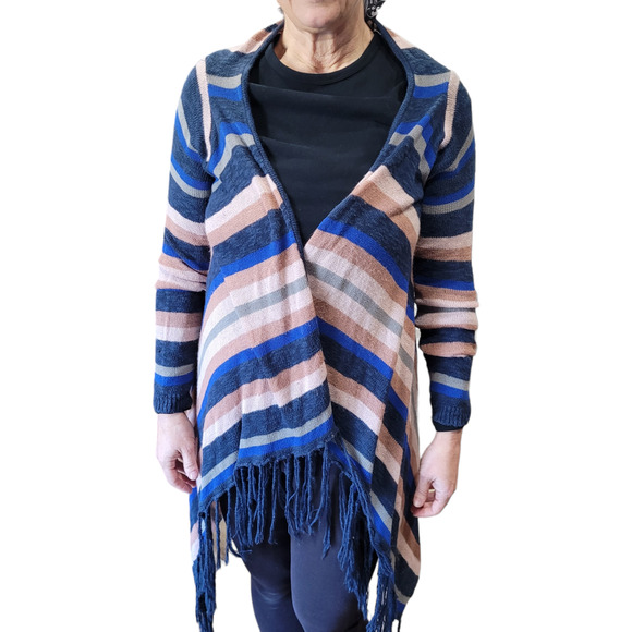 Say What Striped Fringe Boho Knit Cardigan Large Indie Duster Cozy Layer Shabby - Picture 1 of 9